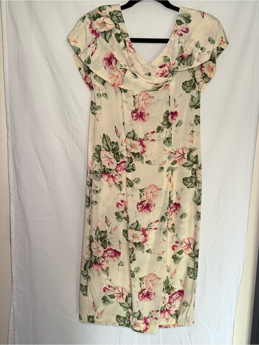 Vintage Jane Singer Floral Midi Dress Cowl Neck Back Bow Cream Pink M